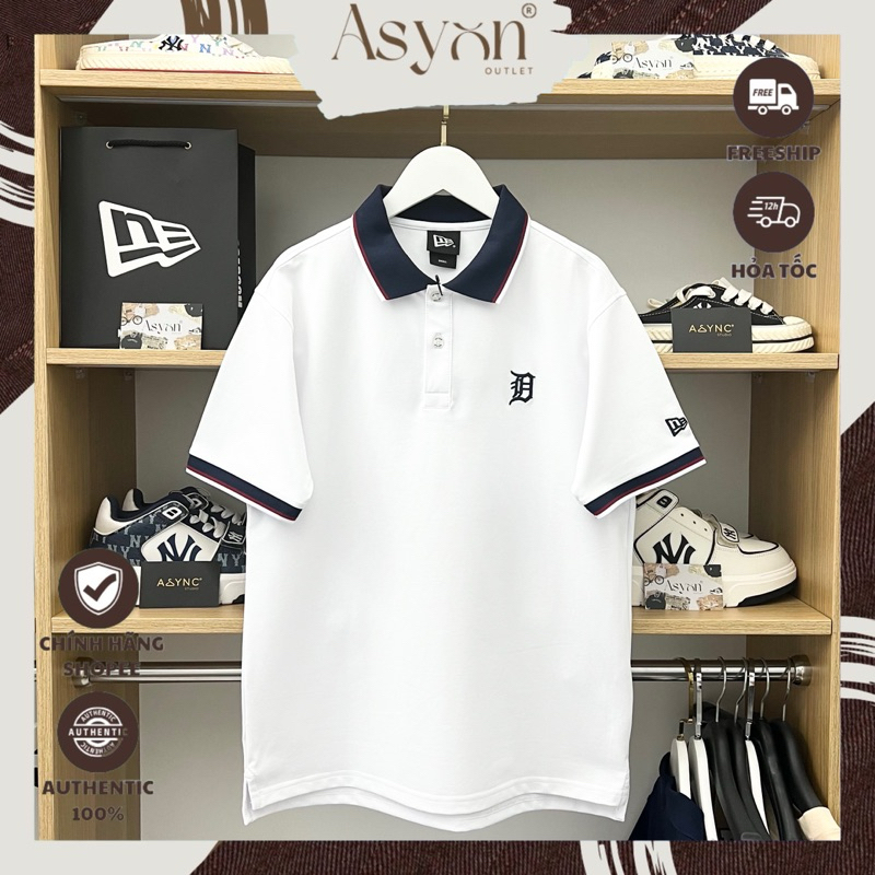 (Auth) Áo Polo New Era x MLB Detroit Trắng Cổ Navy Viền Đỏ Trắng Trơn Logo Thêu | CODE: 17885565 - A