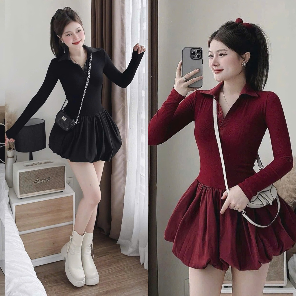 Váy Len Polo 2 Màu Lông Thỏ Phối Thô Dáng Bí Xòe Ngắn 2 Lớp Siêu Xinh (Ảnh Thật Trải sàn) Lollaye