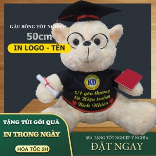 Gấu bông tốt nghiệp 50cm in tên + logo lông xù giá sỉ, tặng giấy gói quà