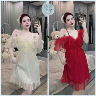 Đầm Ngủ Nữ, Váy Ngủ JULY 2 Dây Sexy Trễ Vai Phối Lưới Bi Có Mút Dáng Ngắn Lụa Latin Mát Mịn Freesize