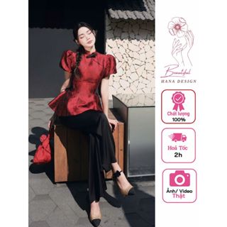    Sẵn - Hỏa Tốc   Set Áo Cổ Tàu Tay Bồng Đính Nơ Chuẩn CHOUCHOU Quần Lụa Dáng Dài Ống Rộng Thiết Kế Sang Chảnh 