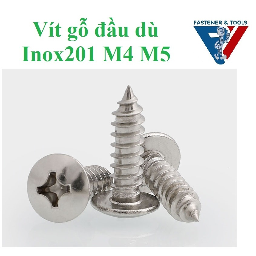 (INOX201) M4,M5 50 cái Vít gỗ đầu dù inox201 M4,M5