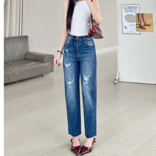 Quần Jean Nữ REDE Ống Đứng Co Giãn Rách Hông Đùi Cách Điệu, Cắt Lai Gấu, Lưng Cao Tôn Chân