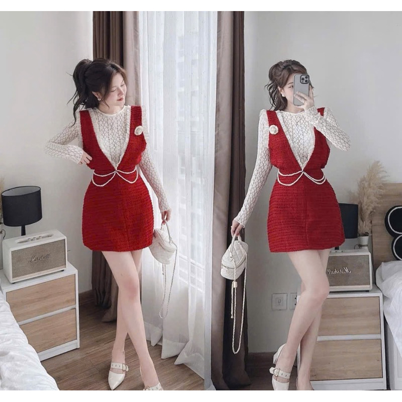Sét đầm yếm đỏ dạ bố áo ren tay dài kèm bông - Nữ - Top, Women, Kem, Sen