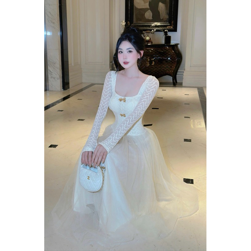 Váy ren cổ vuông dáng dài xoè tặng kèm 3 tang váy tay dài phối tơ dáng dài váy đi tiệc đi chơi sang 