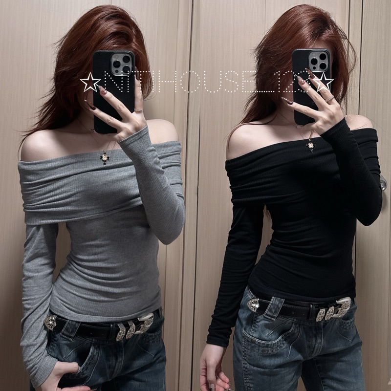 [LV] Áo lật bẹt vai tay dài 2 lớp dày dáng dài ôm body