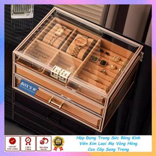 Hộp Đựng Trang Sức, Phụ Kiện Bằng Kính Viền Kim Loại Vàng Hồng Cao Cấp - Hộp Để Nữ Trang, Nhẫn, Khuyên Tai, Vòng Tay