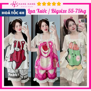 Bộ đồ ngủ bigsize 55-75kg, đồ bộ nữ pijama đùi ngắn tay voan cổ vuông lụa xước bigsize, đồ ngủ lụa tiểu thư mặc nhà cute