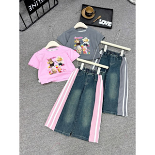   10-35kg  Sét quần jean + áo phông in hình abubu cho bé gái kiểu dáng sành điệu 