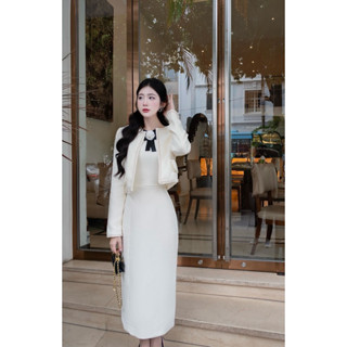  Set thiết kế Khâu DESIGN dạ trắng hoa trà sang chảnh 