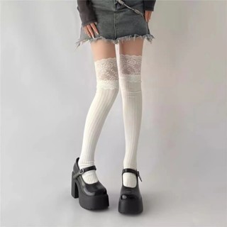 Tất ren dài quá đầu gối, tất đùi dành cho nữ, tất cao cổ chống trượt màu trơn phong cách Nhật Bản