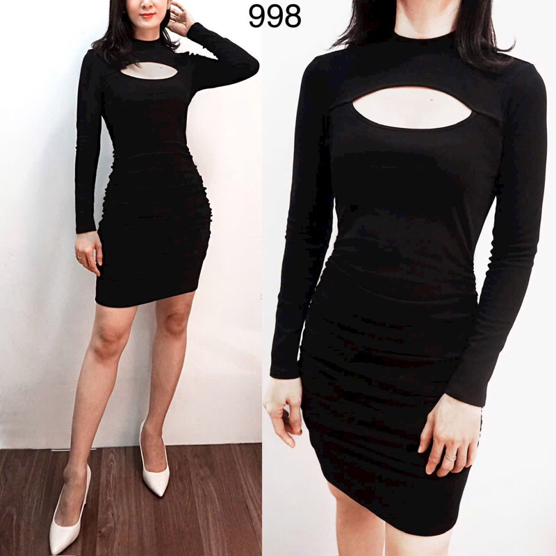 F998 Đầm ôm cổ cao 3cm tay dài cut out ngực nhún eo trước sau