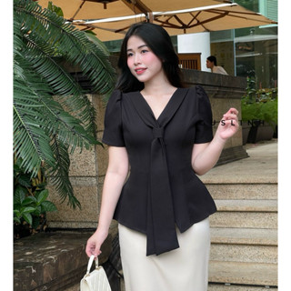 Áo kiểu nữ dáng peplum cổ V chiết eo tay ngắn thanh lịch đi làm đi tiệc