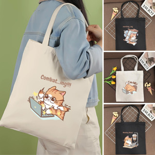 Túi tote in hình mèo cute có khoá kéo và túi phụ - Túi vải canvas đi học, đi chơi - TOTE16