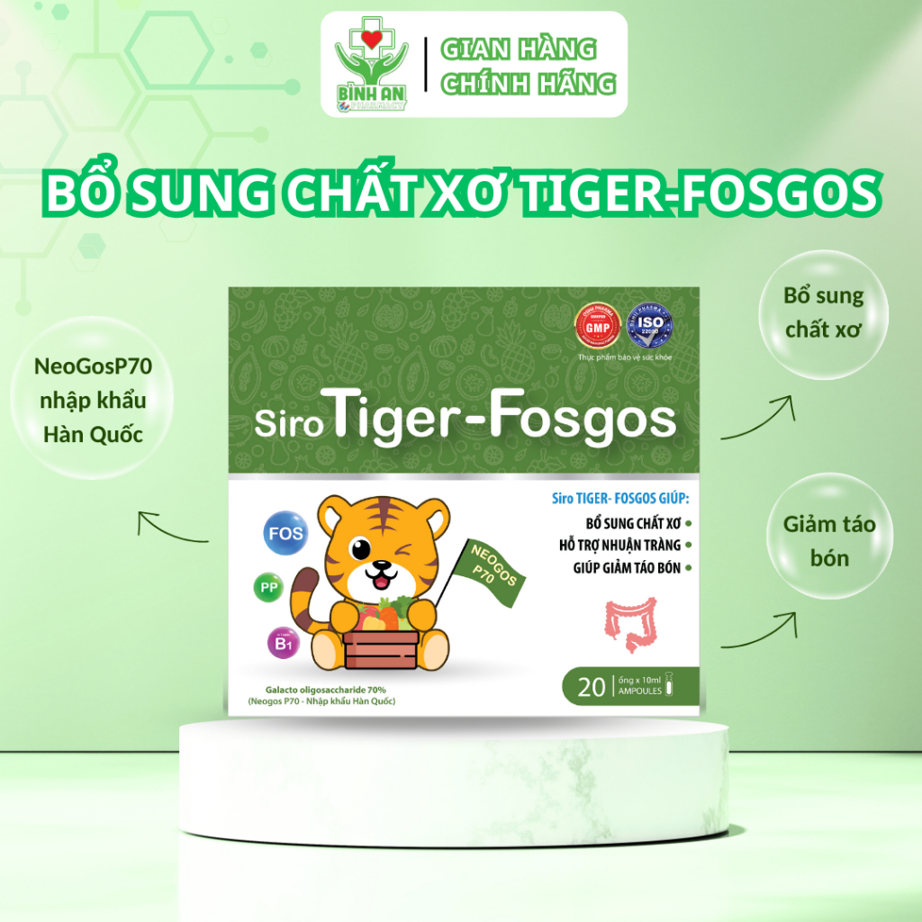 Siro Tiger Fosgos - Chất xơ thay rau cho các bé lười ăn rau, giảm táo bón - Hộp 20 ống - NT Bình An