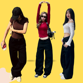 Quần ống rộng jean nữ cạp trễ màu đen Gauni Denim, quần bò nữ dài basic, chất đẹp có co giãn nhẹ dễ phối đồ - GD74