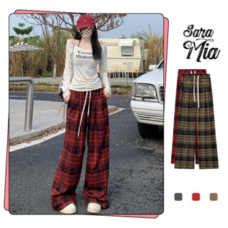 Quần kẻ đỏ SARAMIA ống rộng quần kẻ caro dài giáng sinh 2024 cạp chun màu nâu màu xám D16