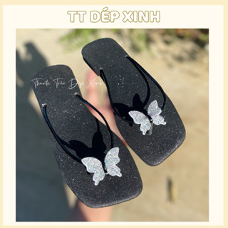 Dép lê nữ, dép kẹp kim tuyến gắn bướm đính đá siêu xinh, dép lê kim tuyến bling bling siêu sáng
