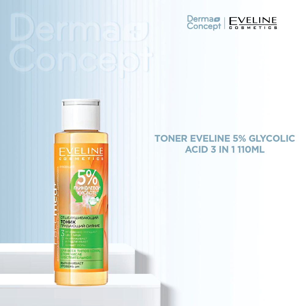 Toner Eveline 5% Glycolic Acid 3 in 1 cấp nước, làm da căng bóng 110ml