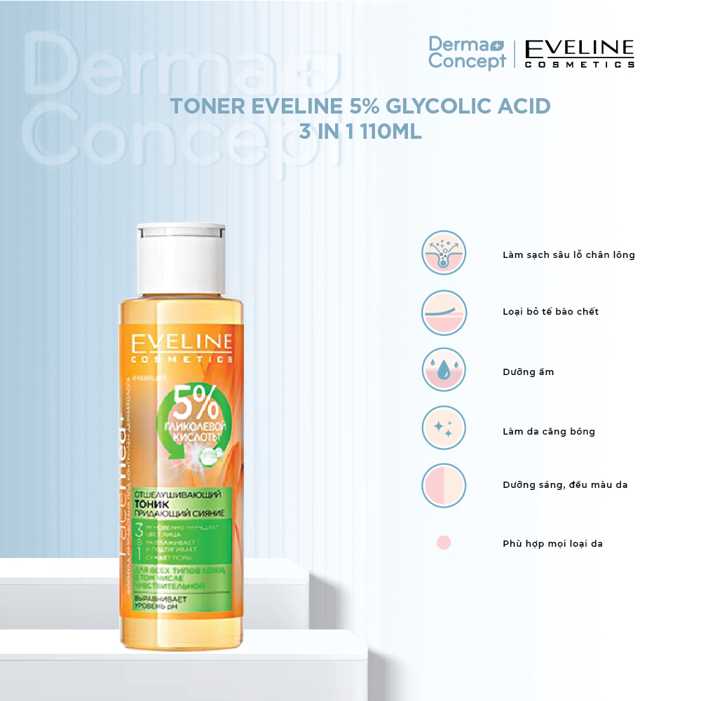 Toner Eveline 5% Glycolic Acid 3 in 1 cấp nước, làm da căng bóng 110ml