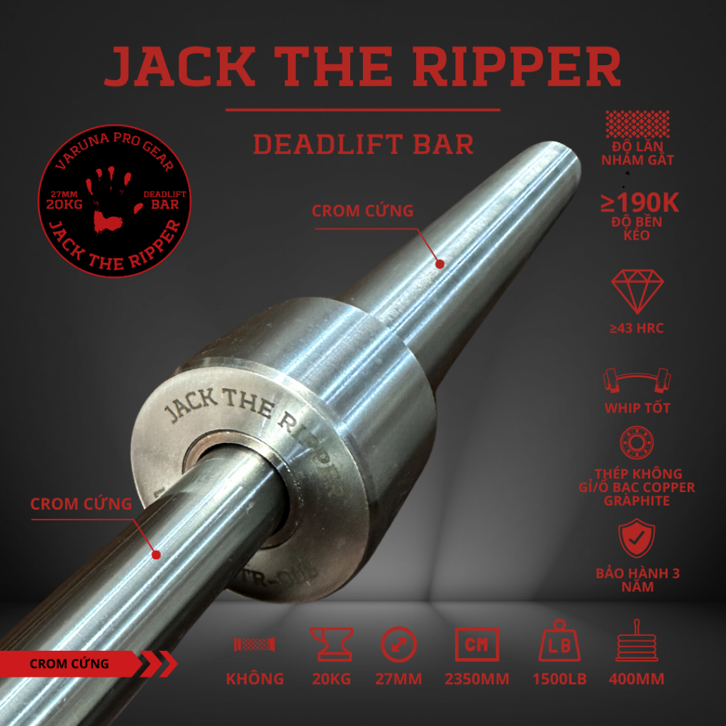 VARUNA PRO GEAR DEADLIFT BAR JACK THE RIPPER - Thanh đòn deadlift dài 2m35, phi 27/50