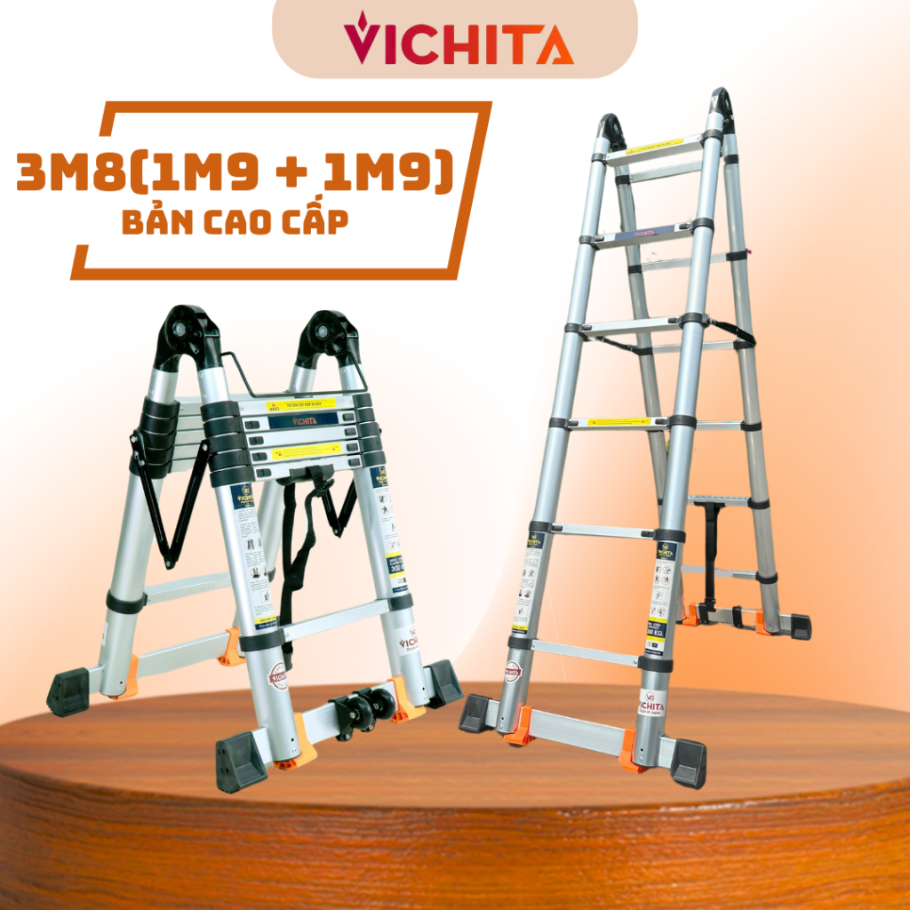 [Ống Nhôm Đúc Liền] Thang Nhôm Rút Đôi Tiện Lợi Dài 3M8 (1M9 + 1M9 ) Chính Hãng VICHITA - BẢN CAO CẤ