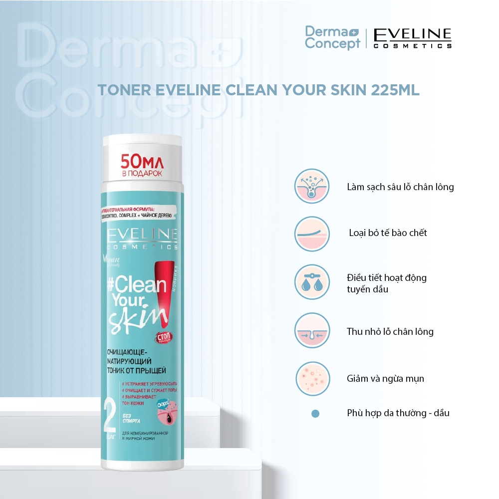 Toner Eveline Clean Your Skin làm sạch sâu, giảm mụn, mờ thâm 225ml