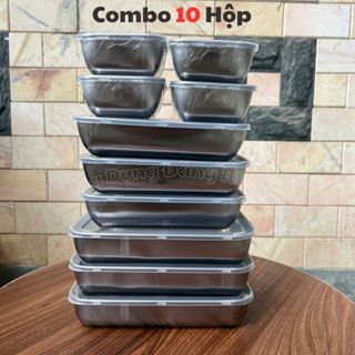 COMBO 10 Hộp Đựng Thực Phẩm Inox Gồm 3 hộp Đại 25x20x6 - 3 hộp trung 22x15x6 - 4 hộp nhỏ 13.5x10.5x6, Kèm Nắp Đậy