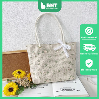 Túi cói đeo vai tote, Túi xách thời trang du lịch đi biển nơ xinh phong cách vintage cỏ lá BNT.INC