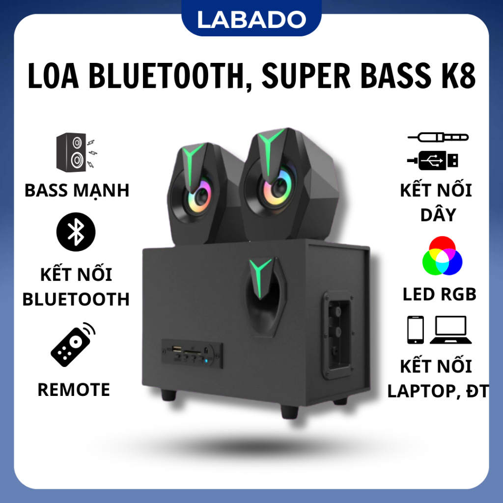 Loa vi tính bluetooth bass mạnh K8, loa máy tính, laptop để bàn gaming led green có remote LABADO