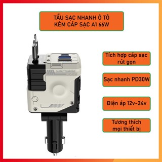 Tẩu Sạc Nhanh Ô Tô A1 66W Tích Hợp Dây Sạc Rút Gọn, Hỗ Trợ Sạc Nhanh PD30W, QC3.0