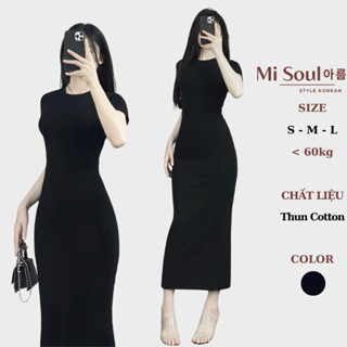 Váy Body Dáng Dài MiSoul Cổ Tròn Cộc Tay Có Xẻ Sau Chất Thun Cotton Co Dãn , Đầm Midi Ôm Cổ Tròn 378