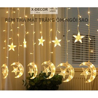 Rèm Thả Đèn Led Trang Trí Mặt Trăng Ngôi Sao Ngang 3M Rủ 0.5m Chịu Nước Nhiều Màu Cắm Điện