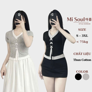  Áo Thun Cotton Cộc Tay Cổ Tim Đính Nơ 2 Lớp Phối Màu Điệu Đà Form Ôm BigSize MiSoul Áo Cộc Tay Cổ Tim Đính Nơ 376 