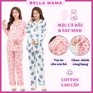 Bộ Bầu Mặc Nhà &Sau Sinh Bella Mama  Cotton Cao Cấp Mềm Nhẹ Mịn Áo Vạt Mở Cho Con Bú Và Quần Chun Chỉnh Bụng -BN12