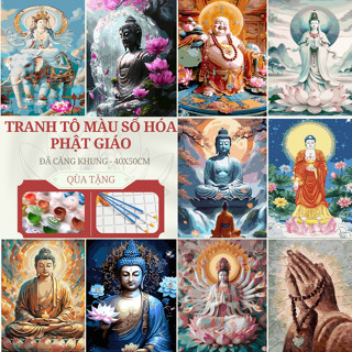 Tranh Tô Màu số hóa Phật Giáo 40x50cm đã căng khung - Tặng Kèm Màu Vẽ Tranh và Cọ Vẽ