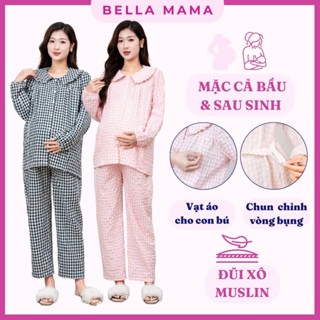 Bộ Bầu Mặc Nhà & Sau Sinh Bella Mama Đũi Xô Muslin Mềm Nhẹ Mịn Kéo Khóa Cho Con Bú Và Quần Chun Chỉnh Bụng - BN15