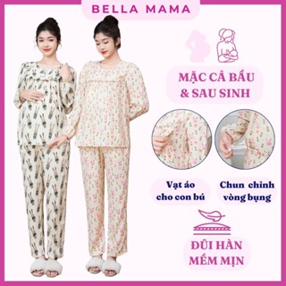 Bộ Bầu Mặc Nhà Bella Mama Đũi Hàn Đồ Bầu Sau Sinh Mở Khóa 2 Bên Cho Con Bú Quần Chun Chỉnh Bụng Bộ - BN19