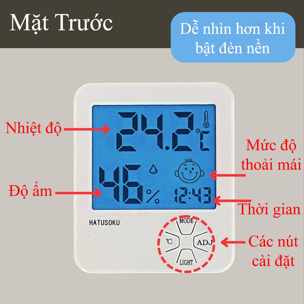 Nhiệt ẩm kế điện tử đo nhiệt độ và độ ẩm HATUSOKU Nhật Bản