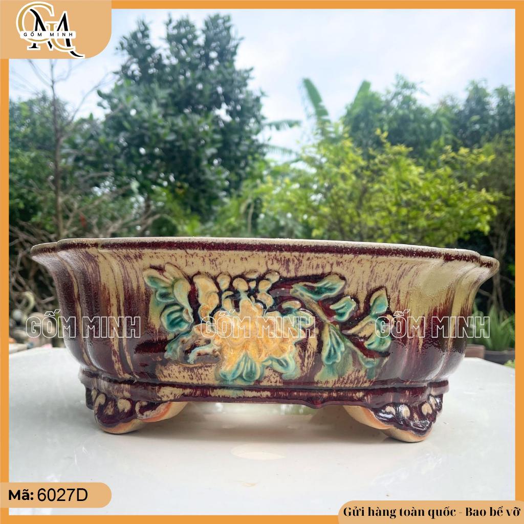 Chậu bonsai oval dài 41cm họa tiết bông trang nhã, chậu bonsai hình ovan, chậu oval trồng cây bonsai