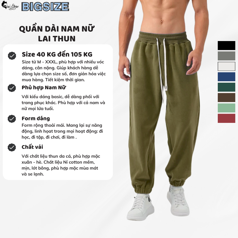 Quần Jogger Nam Nữ Bigsize 40-105kg Sói Store LAI THUN Năng Động Đen/Xám/Bạc