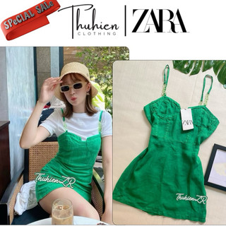 THUHIENZR(sẵn XS)Váy mini ZARA 3429/570/500 LINEN hai dây xanh lá đính trang trí(kèm ảnh thật)