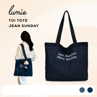 Túi Tote Sunday Thêu Chữ Chất Jean Denim Dày Dặn Có Khóa Kéo, Đơn Giản Phù Hợp Đi Học Đi Chơi Đi Làm