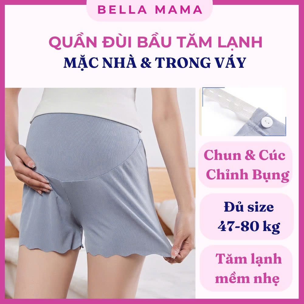 Quần Đùi Bầu Mặc Nhà Bella Mama Chun Chỉnh Bụng Tăm Lạnh Mát Mẻ Lịch Sự Sang Trọng Mặc Nhà Mặc Trong Váy Q16