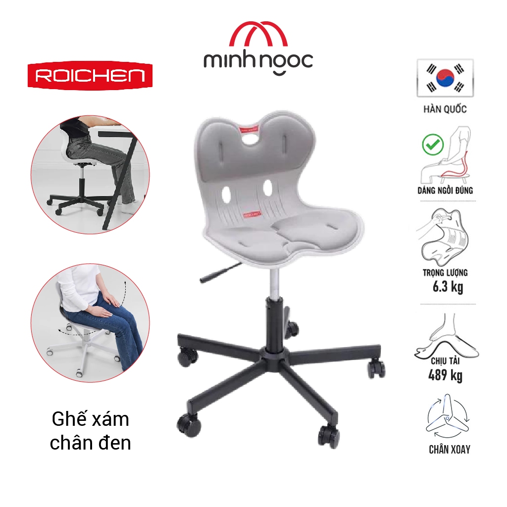 [Roichen WOW] Ghế Chỉnh Dáng Ngồi Đúng Có Chân Xoay Roichen - WOW Hàn Quốc Màu Xám Chân Đen