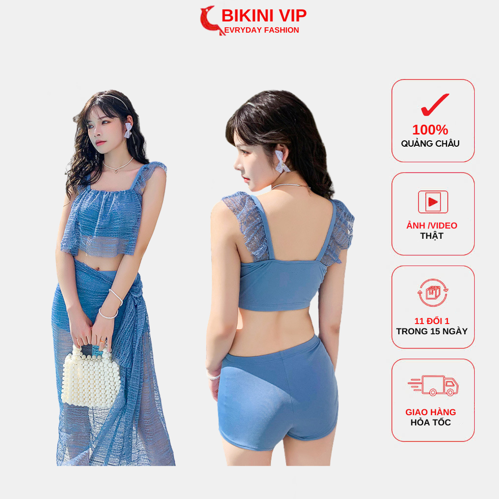 Bikini 3 mảnh có khăn CAO CẤP, Áo tắm đi biển đẹp  đồ bơi nữ Hàn Quốc kín đáo áo tắm có gọng quần cạ