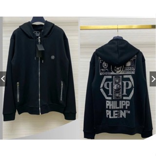 Áo khoác hoodie zip nam nữ nỉ bông Philipp Plein in hình đầu lâu trắng khoá zip khắc logo hai bên mũ 2 lớp dày dặn 2024