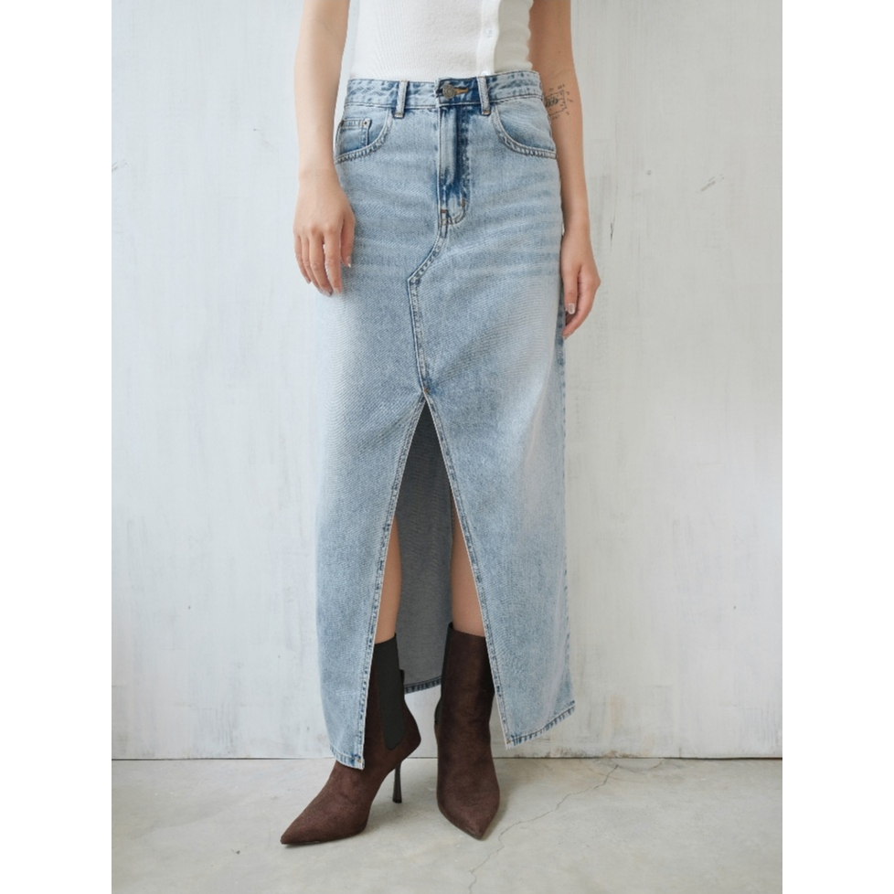 Chân Váy Lưng Cao Xẻ Trước Xoè | Front Split Denim Skirt | White On Denim