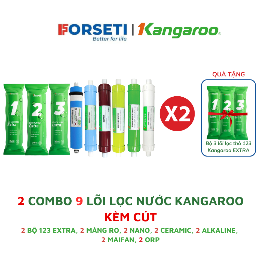 Combo 2 bộ 9 lõi lọc nước Kangaroo chính hãng dùng cho máy lọc nước RO Kangaroo KG109, KGHP99, KG19A