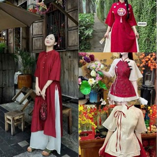 [Top 6} Set đồ nữ tết 2025 áo tơ thêu cổ tròn đính nơ phối chân váy dịu dàng duyên dáng Ht741